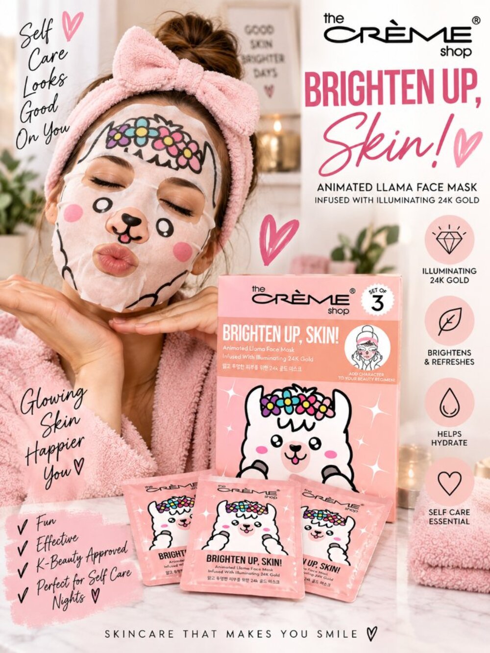 The Crème Shop Brighten Up Skin Llama Face Mask 24K Gold Set of 3 NWT